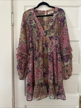 Floral Paisley Boho Tunic Dress - Pink, Purple & Cream